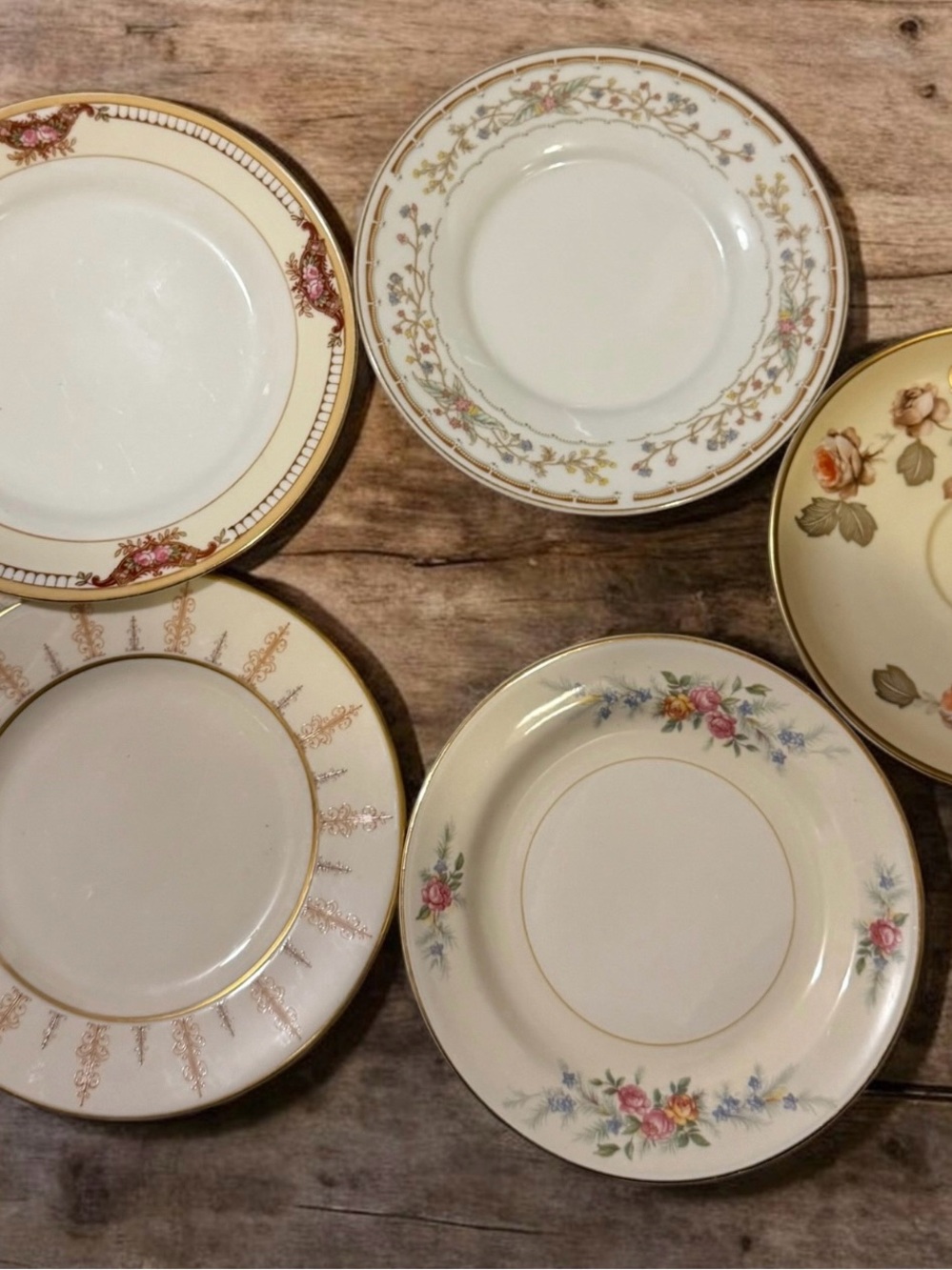 Vintage mismatched Floral Dessert Plates Cream and Gold cottagecore set of 5